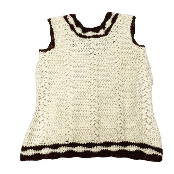 Vintage 70s Women’s Size Small Hand Crocheted Sweater Vest Cream Brown Trim - Picture 2 of 5